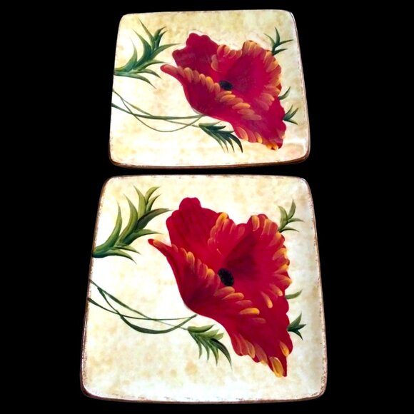 Pier 1 Square Poppies Salad Plate, Cottagecore Plate, Hand Painted Server Plate - Picture 9 of 11